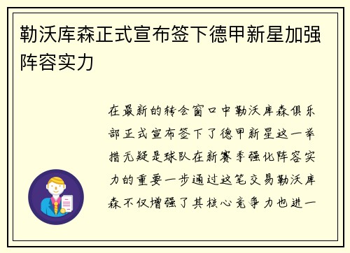 勒沃库森正式宣布签下德甲新星加强阵容实力 勒沃库森正式宣布签下德甲新星加强阵容实力